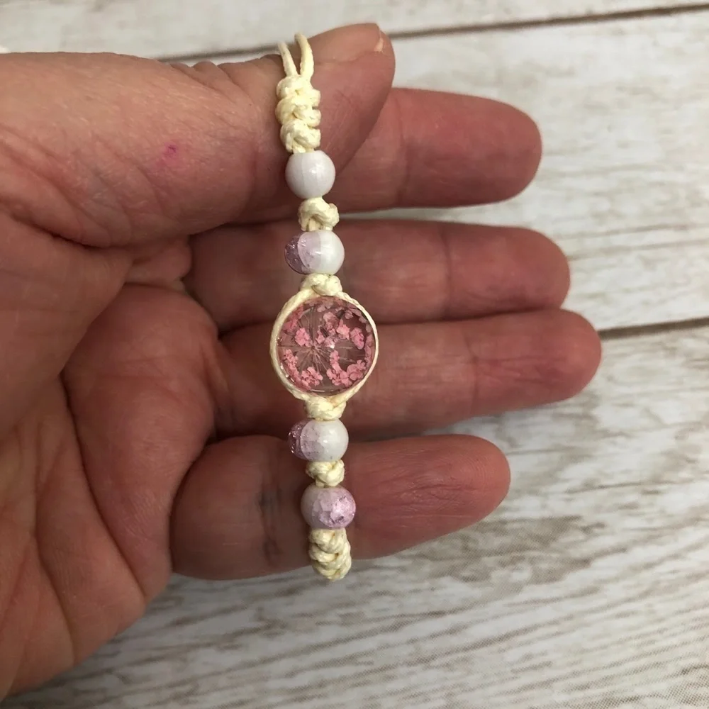 Encapsulated Dried Flower Charm Handmade Adjustable Bracelet